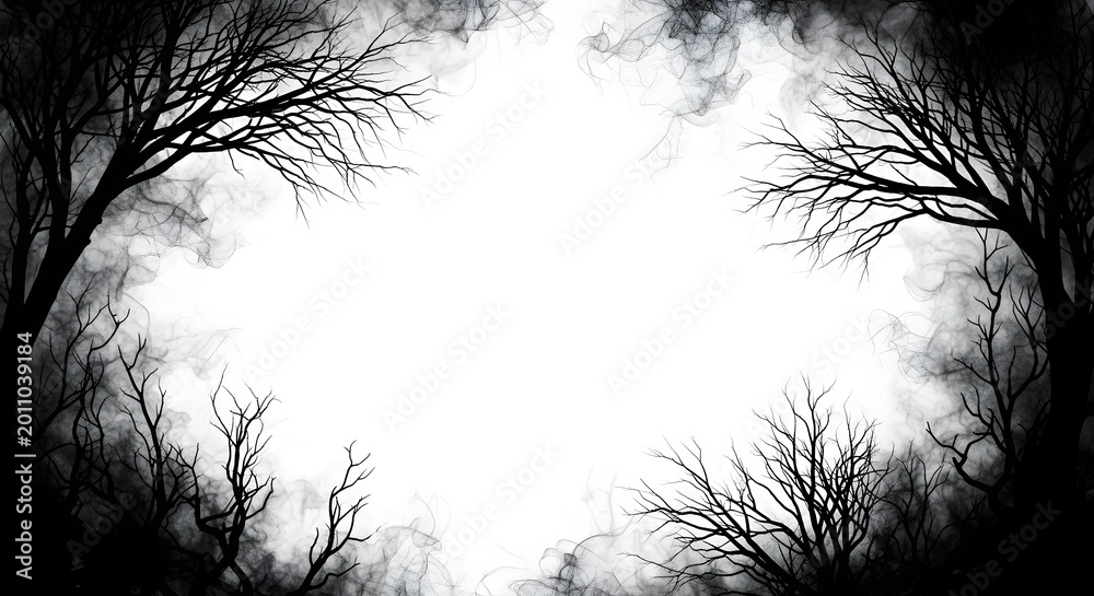 Fototapeta premium Eerie forest silhouette with bare tree branches and dark fog isolated on white background