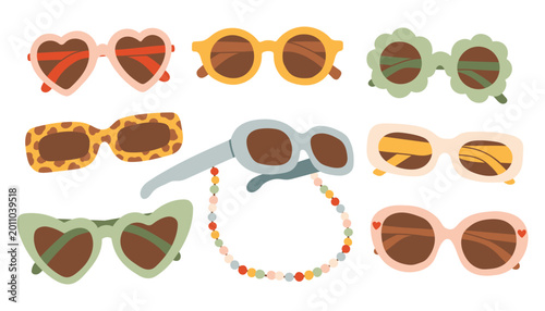 Set of hand drawn sunglasses and retro eyewear. Minimalist flat vector illustration of trendy sun glasses with heart shapes, flower frames, and beaded chain for beach fashion. Isolated on white