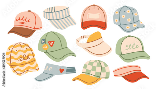 Photos Set of hand drawn baseball caps and sun visor hats