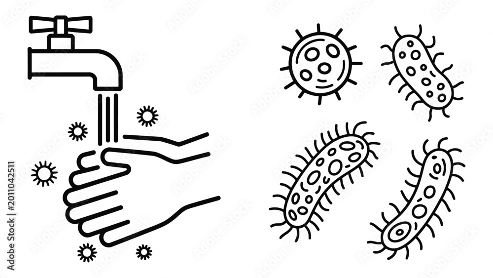 Fototapeta premium High quality vector of hand washing with water tap and germ icons.