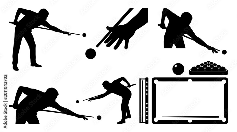 Fototapeta premium Collection of billiard and pool player silhouettes and gaming elements