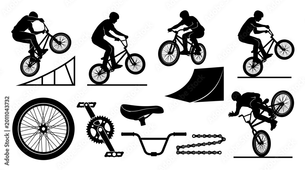 Fototapeta premium Collection of BMX bike riding silhouettes and parts vector illustration