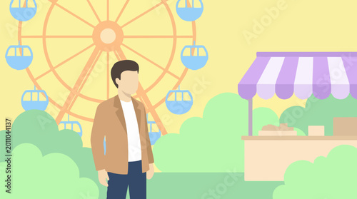 Cuadro en lienzo Man at amusement park fairground with Ferris wheel and food stand illustration