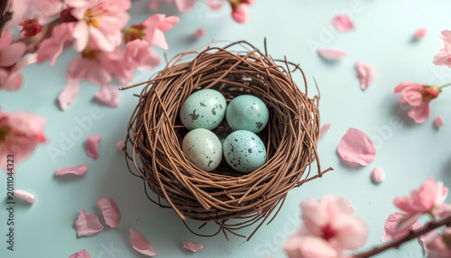 Easter theme, quail egg in a wicker nest on a blue background with petals