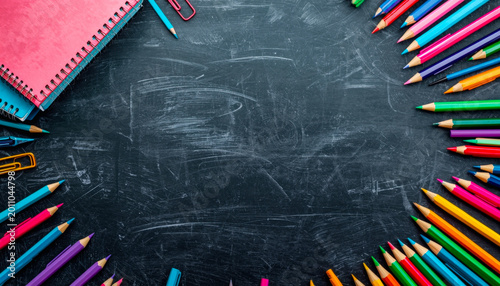 Colorful pencils and stationery on a slate table with a place for text