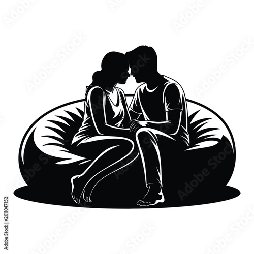 Couple Sitting Together on Beanbag Chair Vector, Silhouette, Illustration