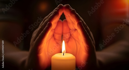 Hands Cupping Prayer Candle Flame, Hope, Faith, Spirituality, Light, Warmth, Darkness Background