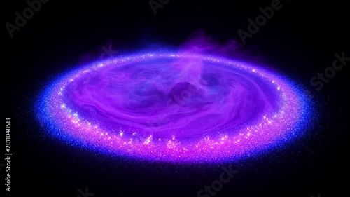 Abstract swirling energy cloud with glowing particles on black background