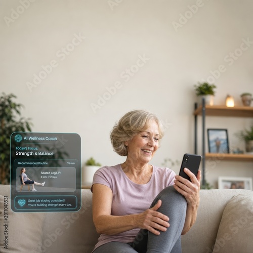 Senior woman using AI wellness coaching app on smartphone at home
