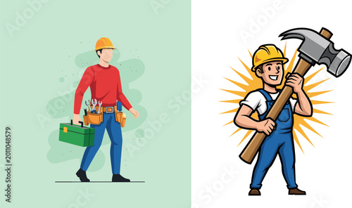 Tableau sur toile Professional construction workers illustration set with handyman holding toolbox