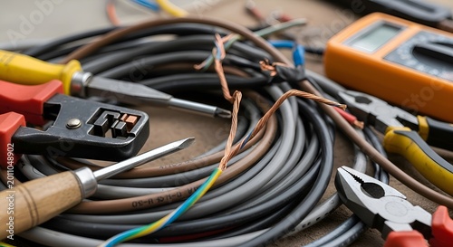 Electrical Tools and Wires: Pliers, Screwdrivers, Stripper, Multimeter, Cables
