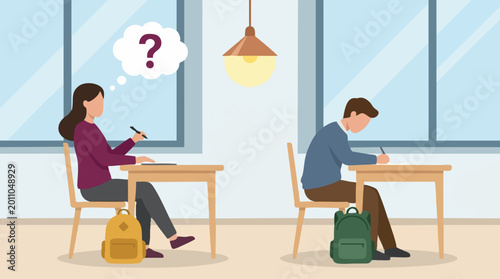 Tableau sur toile Confused student with question mark and focused classmate in a classroom setting