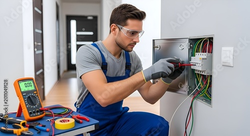 Electrician installing electrical panel, technician working with wires and tools