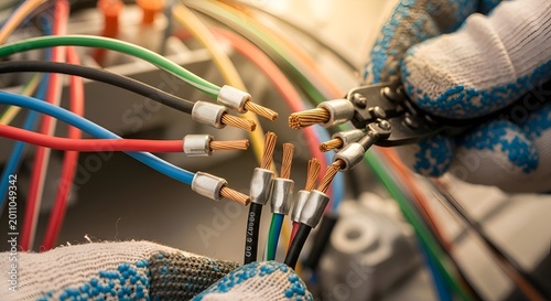 Electrician's hands in gloves stripping wires with pliers, close-up of electrical wiring