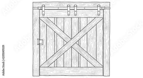 Detailed illustration of an old barn door with rustic wooden panels and a classic X-brace design in monochrome style