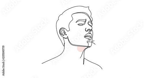 Minimalist line art of a man with a sore throat, head tilted back, highlighting discomfort, simple black lines with a touch of red on a white background