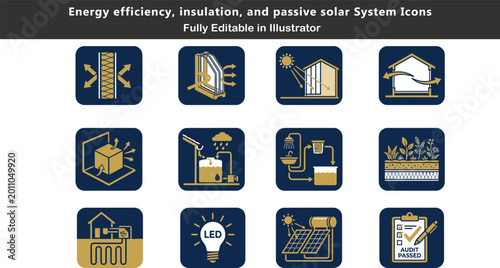 Bild auf Leinwand Passive house vector icons set, energy efficiency design, insulation systems, so