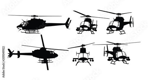 Quadro su tela Set of black helicopter silhouettes on white background