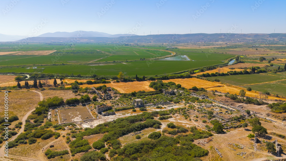 Obraz premium Balat, Turkey. Aerial view of Delphinion sanctuary of Apollo, Capito Roman Baths and North Agora at Miletus. Aerial View