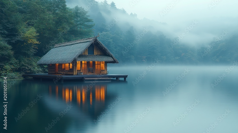 Fototapeta premium Misty Lakeside Cabin, Tranquil Morning