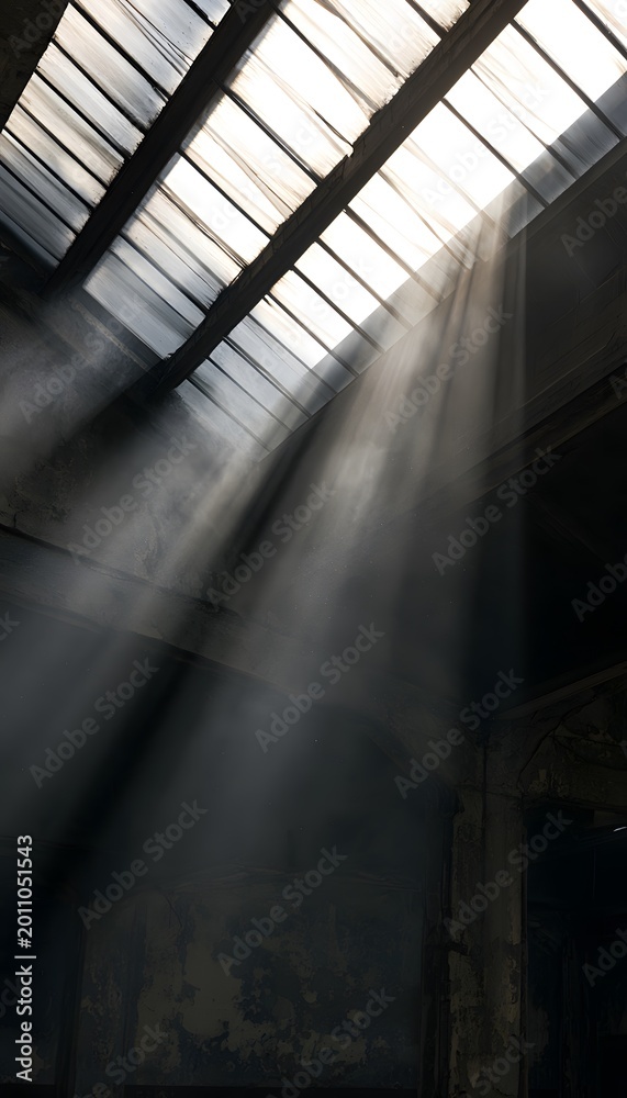 Obraz premium Sunlit Decay Atmospheric Interior of Abandoned Industrial Hall with Dust Motes