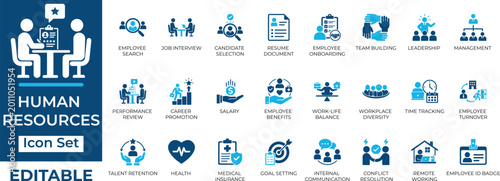 Human Resources vector icon set. Features recruitment, teamwork, employee benefits, and HR management concepts.