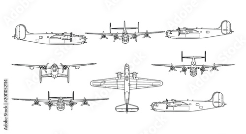 Fotografie Vector illustration of multiple views of a vintage bomber airplane