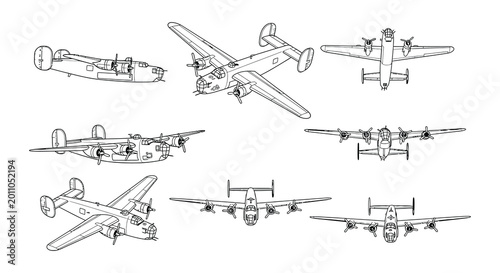 Foto Vector illustration of multiple views of a vintage bomber airplane