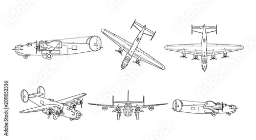Foto Vector illustration of multiple views of a vintage bomber airplane