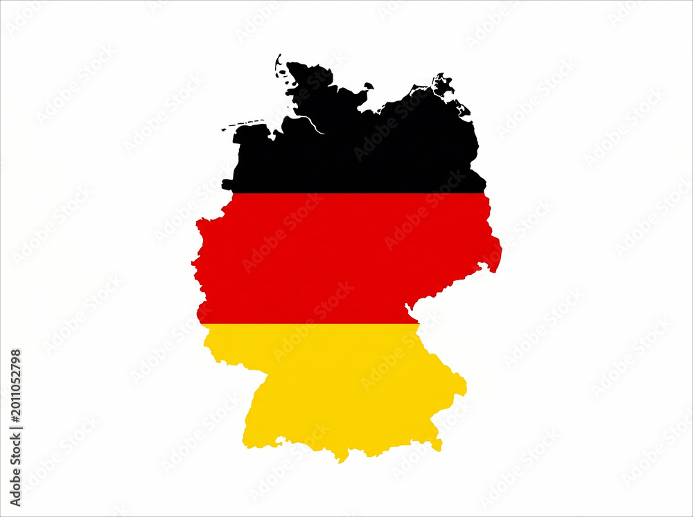 Fototapeta premium Map of Germany Silhouette with National Flag Colors Isolated. Germany map silhouette filled with official national flag colors on a plain isolated background