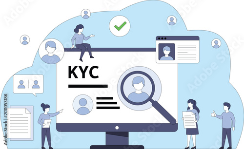 Photos KYC verification concept with people identifying users on digital screen flat ve