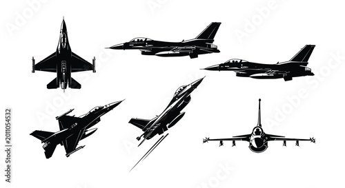 Foto Black silhouettes of fighter jets on white background