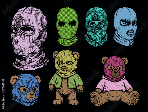 Cuadro en lienzo Vector collection pack of colored balaclava masks and bears in ski masks
