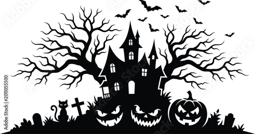 Photos Black silhouette of a spooky haunted house with trees, pumpkins, and bats on a w
