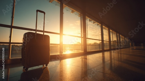Black suitcase with wheels positioned near airport terminal window at sunset, golden light streaming in