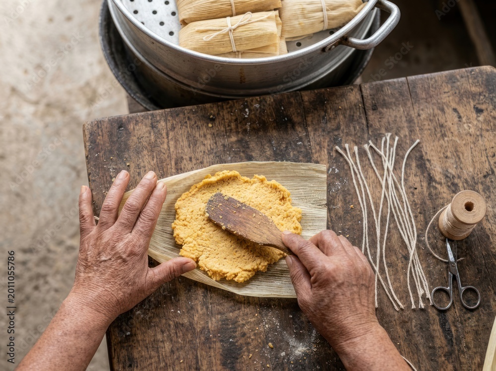 Obraz premium Indigenous maker spreads masa on banana leaf for traditional tamales preparation in kitchen