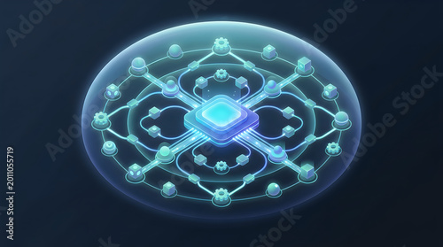 Central processing unit chip inside glowing protective digital sphere