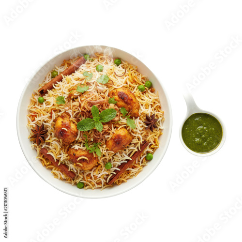 steaming traditional chicken biryani, layered basmati rice, tender chicken, and spices, meticulously garnished, served in a white bowl with green mint chutney on a high-key white background, concept