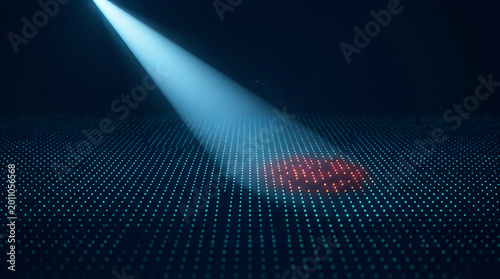 Spotlight illuminating glowing digital data points on dark background