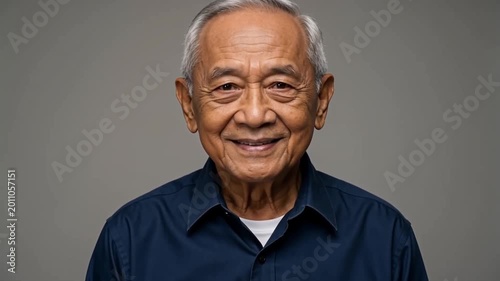 A realistic classic-style portrait of an elderly man smiling gently, with detailed wrinkles and warm soft lighting in close up motion.