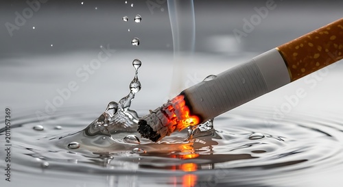 Cigarette being extinguished by water drops creating ripples on a reflective surface.