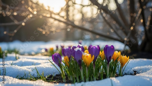 vibrant purple and yellow crocuses blooming in early spring snow with golden sunrise glow
