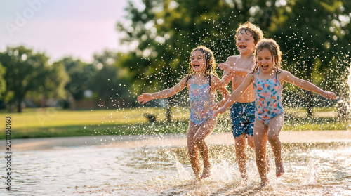 Happy family with mother and two children playing and running through water jets in a park on a sunny day