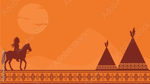 Native American Day Background Design. it features a native character riding the horse and tents in silhouette style. it is perfect for celebrating the Native American day event, annual, or festival