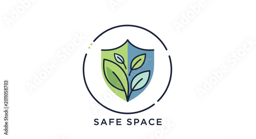 Green shield logo symbolizing a safe space with leaves and a protective circle