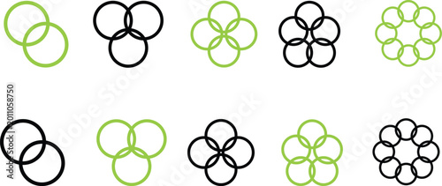 Interlocking rings design in black and white showcasing a simple geometric shape silhouette.Two interlocking circles vector illustration representing connection union and wedding rings.