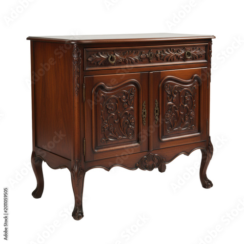 A polished antique mahogany credenza with intricate hand carvings and ornate brass hardware, isolated on a stark white background with no shadows, luxurious furniture design