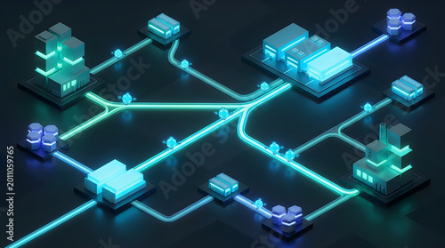 Isometric data flow network with glowing nodes and industrial buildings