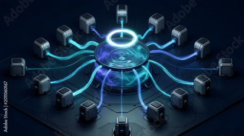 Centralized energy hub with glowing conduits and modular power units