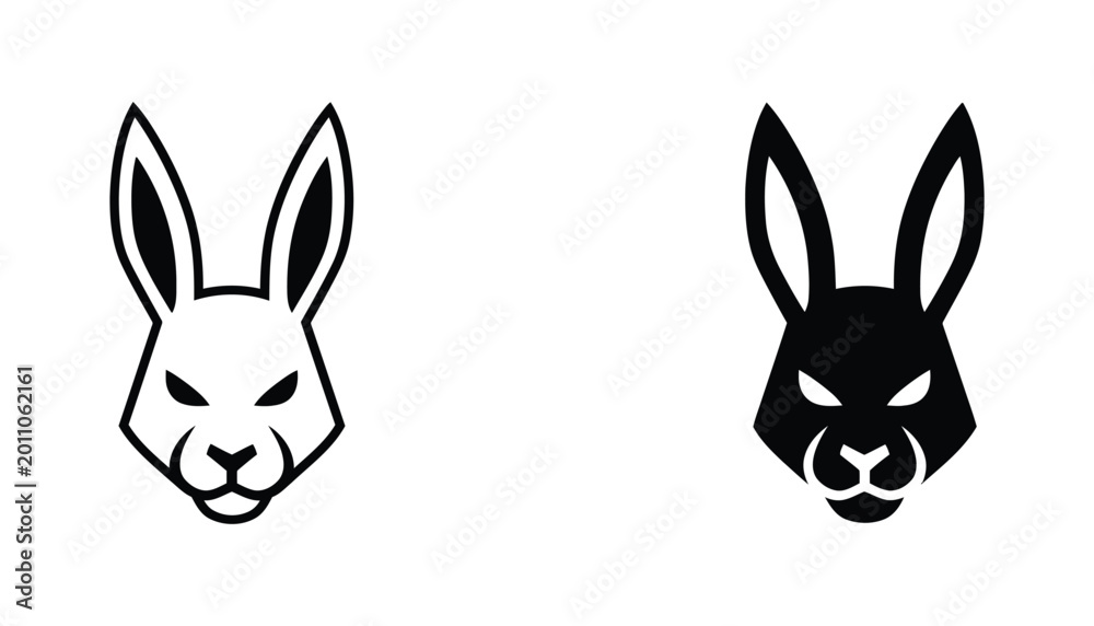 Fototapeta premium Aggressive rabbit head mascot icon in clean outline and solid black vector illustration style